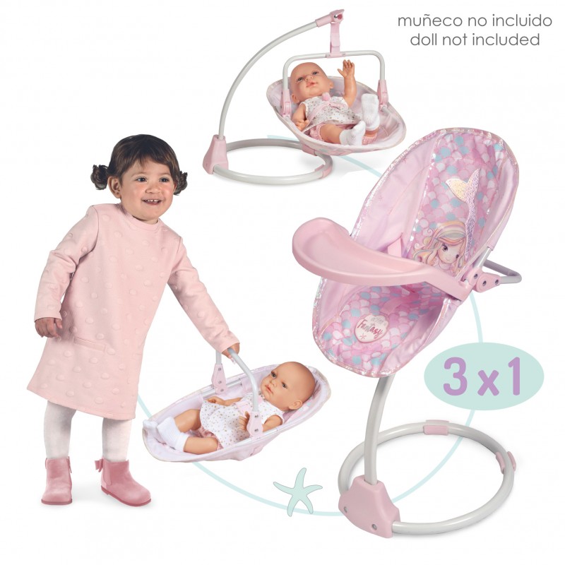 DeCuevas Chaise Haute 3-en-1 – Balançoire, Transat, Plateau, Pour Poupées Jusqu’à 50 Cm, Rose Et Blanc